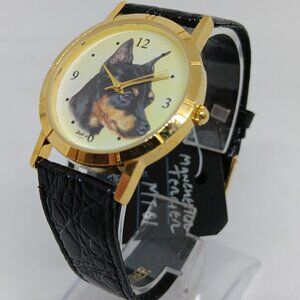 Manchester Terrier 33mm Women's Gold Tone Black Leather Band Dog Watch